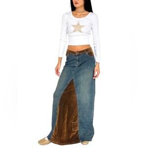 Vintage Forenza Long Denim & Velvet Maxi Skirt Womens 6 Boho Hippie Grunge Y2K